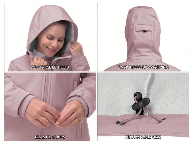 womens softshell jacket casual plush lined warm hooded coat outdoor hiking windbreaker with adjustable hood and drawcord hem for winter fall details 3