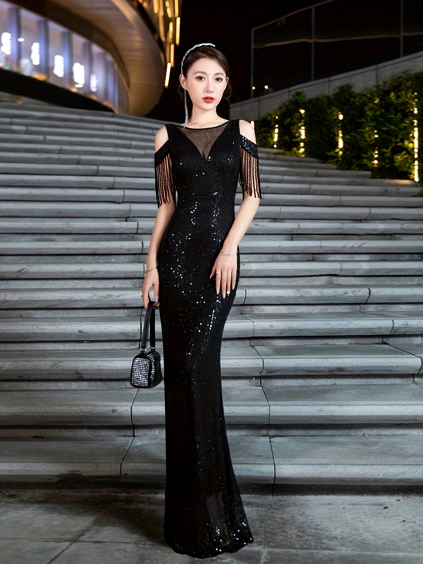 sequined hem mesh splicing dress elegant cold shoulder bodycon maxi dress for party banquet womens clothing details 10