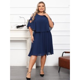 2 In 1 Plus Size Solid Cutout Loose Dress, Casual Side Cross Irregular Cape Sleeve Dress For Spring & Summer, Women's Plus Size Clothing