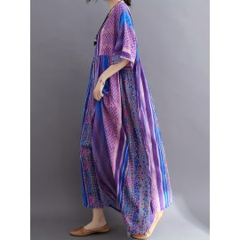 Plus Size Peplum Vacation Dress - Short Sleeve Crew Neck, Loose Fit, Cotton Blend, Patchwork Floral Print, Long Length, Pullover, Weekend Casual Wear for Summer