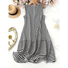 Plus Size Stripe Print Tank Dress - Relaxed Fit, Sleeveless Design for Warm Weather, Perfect for Spring and Summer - Designed for Women with Curves, Confident Fit, Everyday Wear