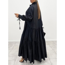 Plus Size Solid Color Collared Maxi Dress - Elegant Ruffle Hem Detailing, Comfortable Long Sleeve Design, Perfect for Casual Occasions - Suitable for Spring and Fall Seasons, Designed for Plus Size Women, Womens Clothing Collection