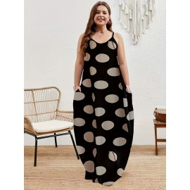 Plus Size Polka Dots Print Tank Dress, Elegant Sleeveless Slant Pockets Strap Dress For Spring & Summer, Women's Plus Size Clothing