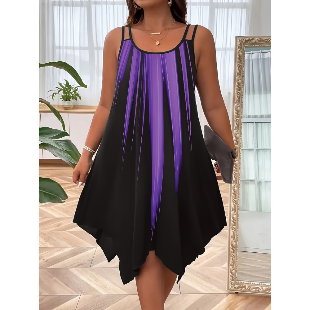 Plus Size Ombre Print Cami Slip Dress - Spaghetti Strap, Sleeveless, Crew Neck, Dual Strap, Asymmetrical Hem, Medium Stretch, Polyester, Random Printing, Vacation Style for Spring, Summer, and Fall Seasons