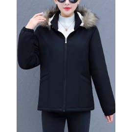 Women's Short Sleeve Winter Coat , Faux Fur Hooded Jacket, Casual Polyester Pullover, Solid Color, Regular Fit, Long Sleeve, No Belt, Zipper Front, Winter Fashion