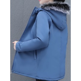 Women's Elegant Winter Coat - Thick Fleece-Lined, Hooded, Zip-Up Jacket in Solid Color
