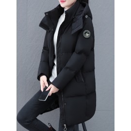 Elegant Plus Size Long Length Hooded Winter Coat with Zipper, 100% Polyester Non-Stretch Casual Style Jacket, Solid Color Warm Padded Outerwear with Regular Sleeves - Winter Collection