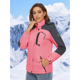 Large-size Women's Waterproof Soft-shell Ski Jacket with Fleece Lining, Hooded, Multiple Pockets, Warm, Comfortable, Bright Colors, Plus-size Coat for Outdoor Sports, Snowsports, Snowboarding, Hiking, Mountaineering, Camping, Daily Casual Work