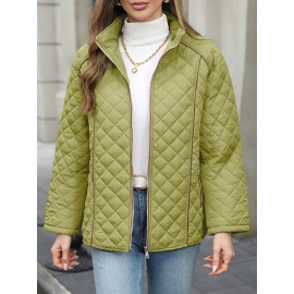 Women's Oversized Polyester Coat, Casual Hug Fit, Small Stand Collar, Long Sleeve, Zipper Closure, Autumn And Winter Warm Coat