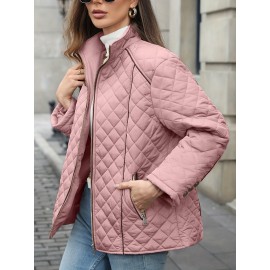 Women's Oversized Polyester Coat, Casual Hug Fit, Small Stand Collar, Long Sleeve, Zipper Closure, Autumn And Winter Warm Coat