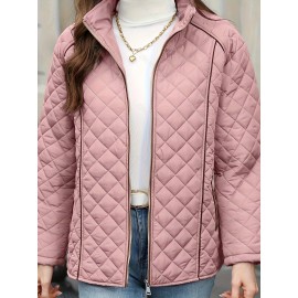 Women's Oversized Polyester Coat, Casual Hug Fit, Small Stand Collar, Long Sleeve, Zipper Closure, Autumn And Winter Warm Coat