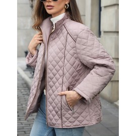 Women's Oversized Polyester Coat, Casual Hug Fit, Small Stand Collar, Long Sleeve, Zipper Closure, Autumn And Winter Warm Coat