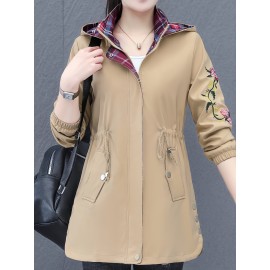 Plus Size Women's Floral Pattern Jacket - Casual Hooded Long Sleeve Outerwear with Zipper Front and Relaxed Fit