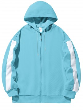 Chic Plus Size Women's Hooded Jacket - Color Block, Zip-Up Outdoor Coat With Drawstring & Pockets For Fall/Winter