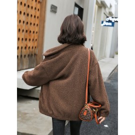 1pc Cozy Plus Size Women'S Casual Sherpa Jacket - Solid Color Polyester Knit Fabric with Slight Stretch, Stand Collar, Long Sleeve Zip-Up Top for Fall/Winter