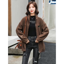 1pc Cozy Plus Size Women'S Casual Sherpa Jacket - Solid Color Polyester Knit Fabric with Slight Stretch, Stand Collar, Long Sleeve Zip-Up Top for Fall/Winter