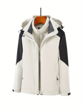 Women's Plus Size Outdoor 3-in-1 Jacket, Colorblock Waterproof Hooded Zip-up Windbreaker, Ideal For Autumn/Winter Hiking & Sports