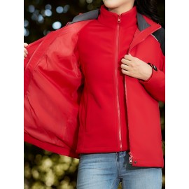 Women's Plus Size Outdoor 3-in-1 Jacket, Colorblock Waterproof Hooded Zip-up Windbreaker, Ideal For Autumn/Winter Hiking & Sports