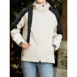 Women's Plus Size Outdoor 3-in-1 Jacket, Colorblock Waterproof Hooded Zip-up Windbreaker, Ideal For Autumn/Winter Hiking & Sports