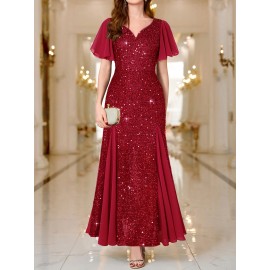 Elegant Sequin Sweetheart Neck Maxi Dress - Bodycon Fit, Micro Elastic Polyester, Puff Sleeves, Solid Color, Hand Wash - Perfect for Party & Banquet, Womens Clothing
