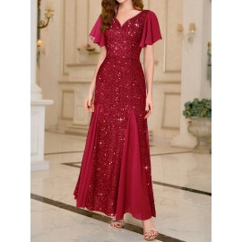 Elegant Sequin Sweetheart Neck Maxi Dress - Bodycon Fit, Micro Elastic Polyester, Puff Sleeves, Solid Color, Hand Wash - Perfect for Party & Banquet, Womens Clothing