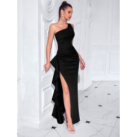 Elegant One Shoulder Split Ruffle Hem Maxi Dress, Sleeveless Slim-Fit Party & Banquet Dress for Women