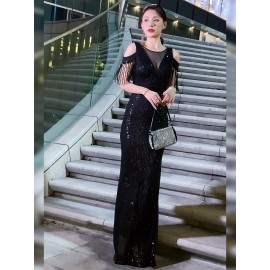 Stunning Sequined Bodycon Maxi Dress - Women's Clothing - Elegant Cold Shoulder, Mesh Splicing, Fringe Hem, Party & Banquet Perfect, Chic and Glamorous