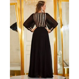 Elegant V-Neck Long Sleeve Dress with Sequin Detail - Polyester & Elastane Blend, Perfect for Parties & Banquets
