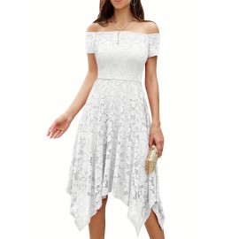 Women's Lace Cocktail Dress Hi-Lo Off Shoulder Bridesmaid Swing Formal Party Dress
