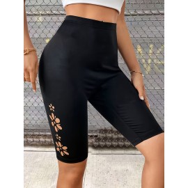 High Waist Skinny Stretchy Shorts, Floral Hollow Out Casual Solid Color Shorts For Spring & Summer, Women's Clothing