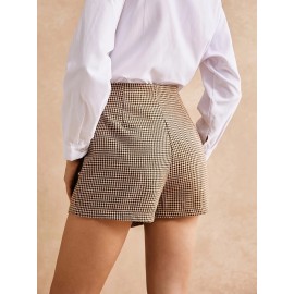 1pc Sexy Houndstooth Print Knotted Side Wrap Shorts, Woven Polyester, Versatile for Spring/Summer/Fall