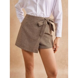 1pc Sexy Houndstooth Print Knotted Side Wrap Shorts, Woven Polyester, Versatile for Spring/Summer/Fall
